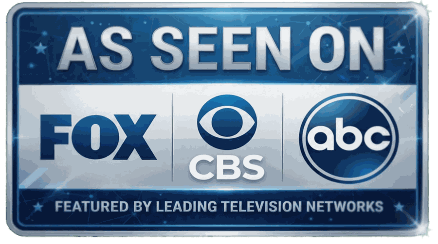 As Seen On badge featuring the FOX, CBS and ABC network logos, marked "featured by leading television networks"